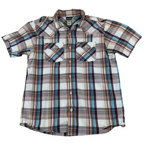 Patagonia Mens Organic Cotton Plaid Short Sleeve Western Shirt Blue Brown Size M